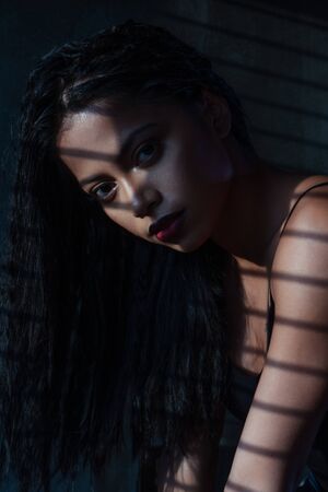 Portrait of sensual woman in black top with a striped shadow from the blindsの写真素材
