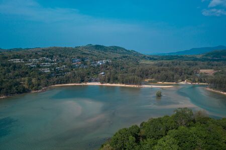 Aerial drone view of tropical Layan Beach area in Phuket, Thailandの写真素材