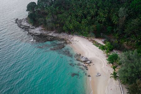 Aerial drone view of tropical empty Surin Beach in Phuket, Thailand
