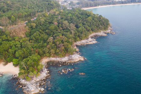 Aerial drone view of tropical Kamala Beach area and Andaman Sea in Phuket, Thailandの写真素材
