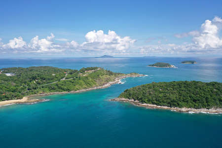 aerial view from mountain on pha hin dam to see nai harn beach and promtep capeの写真素材