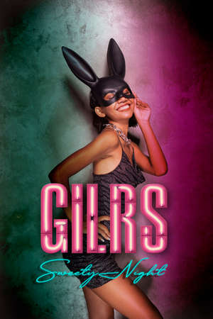 Portrait of beautiful smiling Asian woman in black dress and rabbit mask playfully posing in colorful spotlight. Sexy disco woman, girls sweety night party banner conceptの写真素材
