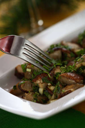 Tasty boletus in the olive oil served with chivesの写真素材