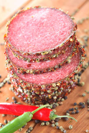 Salami with pepper and chiliの写真素材