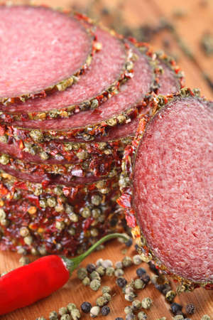 Salami with pepper grains and chiliの写真素材