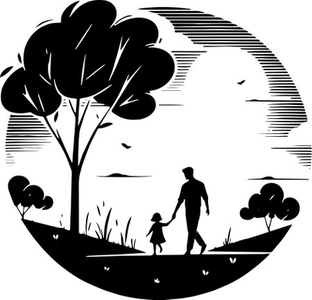 Dad and daughter walk in the park. Silhouette. Vector illustrationのイラスト素材