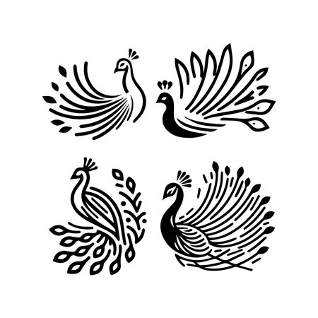 Peacock vector illustration set. Black and white design elements.のイラスト素材