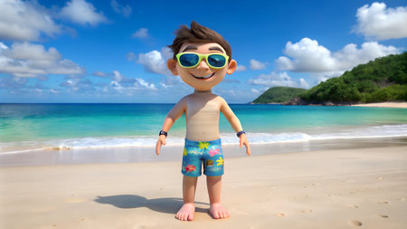 3D render of a cute little boy on the beach at Seychellesの写真素材