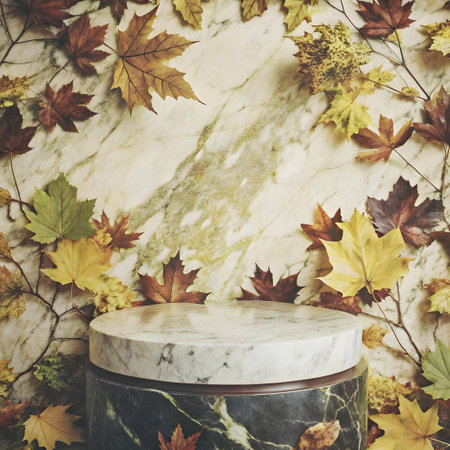 White marble podium with autumn leavesle background, 3d renderの写真素材