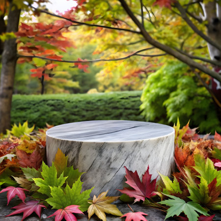 Wooden pedestal in the autumn park with colorful maple leaves.の写真素材