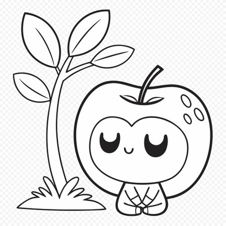 Cute Minimal Line Art of Apple Character Sitting Calmly Under a Small Tree â Black and White Illustrationのイラスト素材