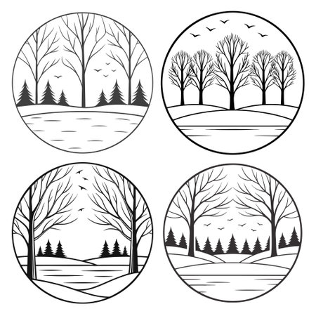 Round Winter Forest Landscape Silhouettes with Frozen Lakes and Bare Trees in Minimal Line Art Styleのイラスト素材