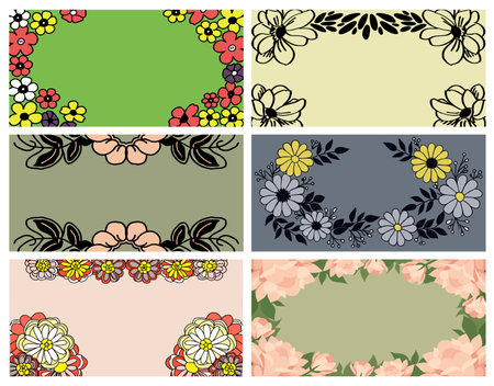 Colorful floral copy space backgrounds with hand-drawn botanical frames for greeting card and poster designsのイラスト素材