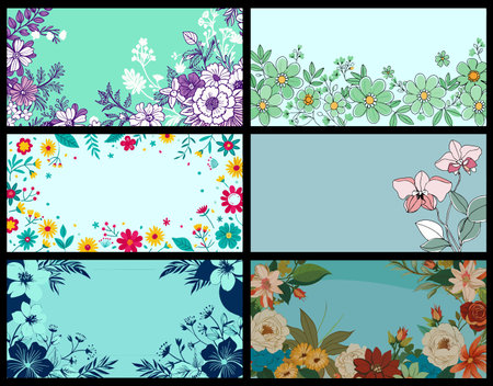 Beautiful floral copyspace background collection with hand drawn flowers and leaves in soft pastel and bold colors for greeting card invitation banner and decorative designのイラスト素材