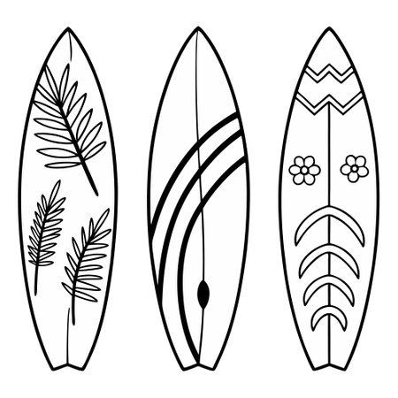 Monochrome Line Art Surfboard Set with Floral and Striped Elementsのイラスト素材