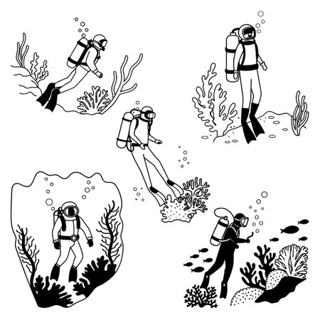 Set of scuba diving and diving icons. Vector illustration in cartoon style.のイラスト素材