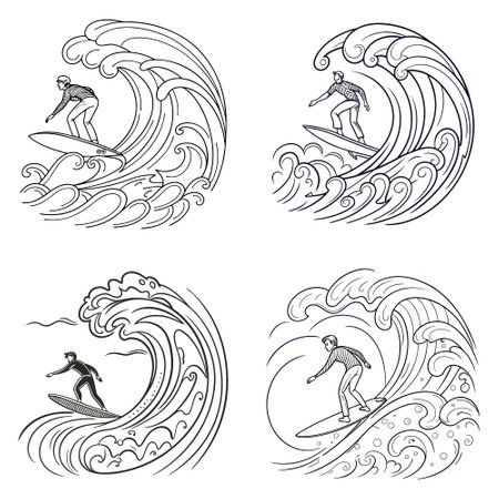 Set of black and white illustrations of surfers on the waves.のイラスト素材