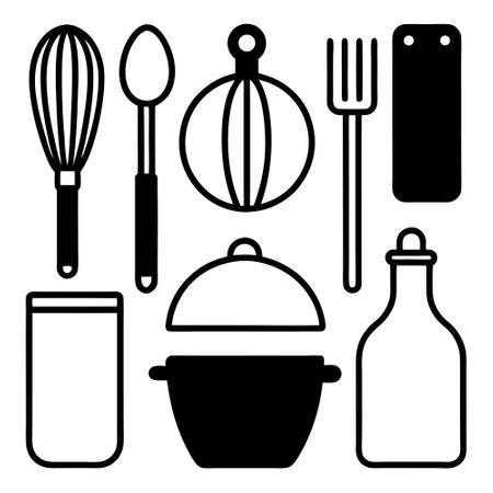 Black kitchen utensil icon set with pot scoop whisk spatula and pan silhouette toolsのイラスト素材