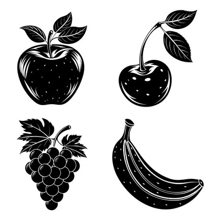 Set of black and white silhouettes of fruits. Vector illustration.のイラスト素材
