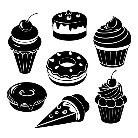 Silhouette Dessert Set with Cupcakes Donuts and Cake Slices in Flat Styleのイラスト素材