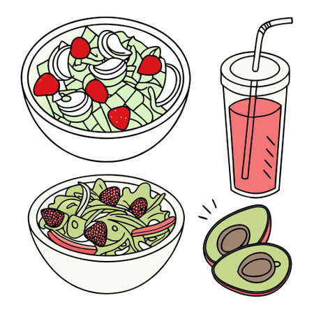 Fresh cartoon salad bowl and smoothie drink illustration with avocado and vegetables in flat healthy food conceptのイラスト素材