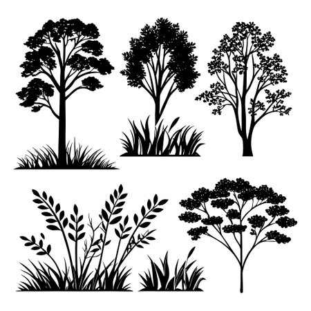 Set of black silhouettes of trees and grass. Vector illustration.のイラスト素材