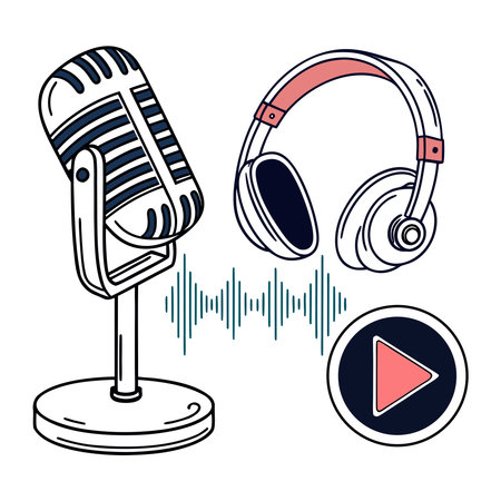 Vector illustration of microphone, headphones and play button. Flat style.のイラスト素材