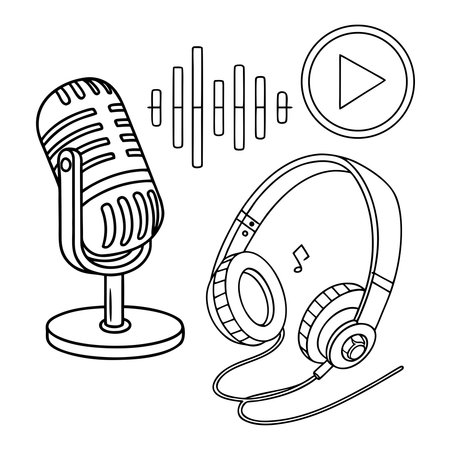 Vector illustration of a microphone and headphones on a white background. The concept of sound recording.のイラスト素材