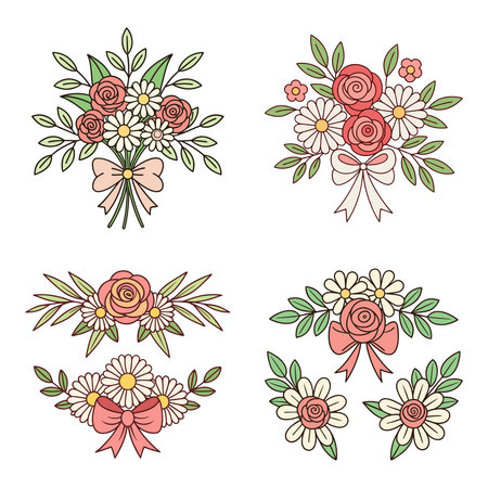 Hand drawn bouquet of roses and daisies with pastel bow and green leavesのイラスト素材