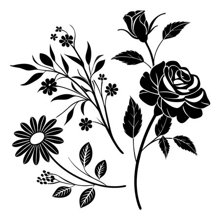 Black Ink Floral Silhouettes Featuring Roses, Daisies, Buds, and Leaves in Elegant Line Artのイラスト素材