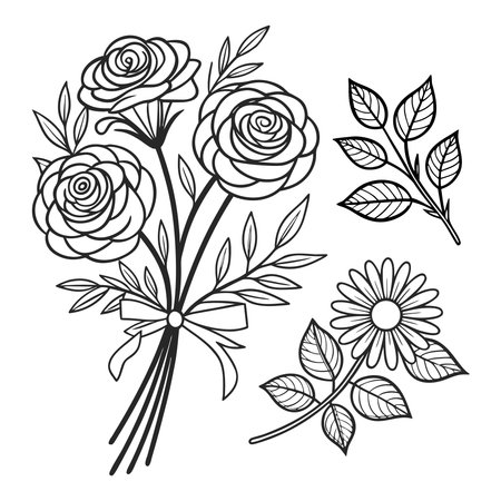Hand Drawn Bouquet with Roses, Daisy Flower, Leaves, and Ribbon in Elegant Line Styleのイラスト素材