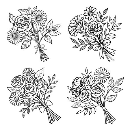 Monochrome Botanical Sketch with Rose, Daisy, Leaf, and Bud in Elegant Bouquet Formのイラスト素材