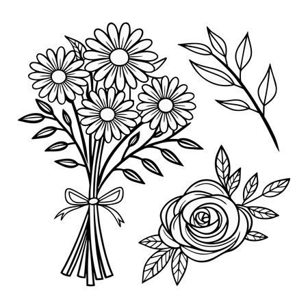 Daisy and Rose Floral Bouquet Illustration in Elegant Hand Drawn Ink Line Styleのイラスト素材