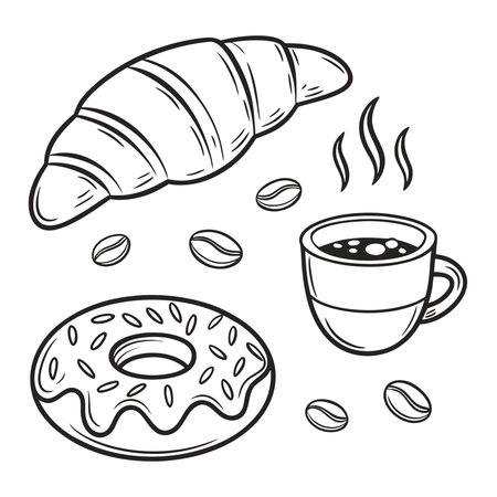 Breakfast sketch of croissant donut and hot coffee with coffee beansのイラスト素材