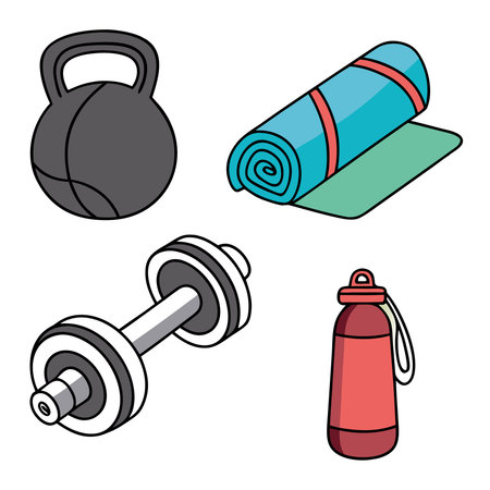 Bright and Colorful Gym Equipment Illustration with Dumbbell Yoga Mat and Water Bottleのイラスト素材
