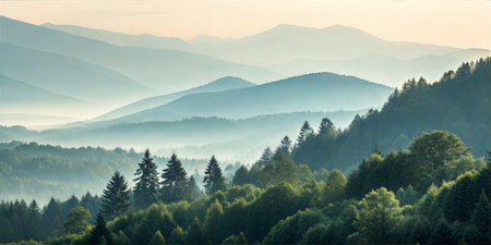Morning fog in the mountains. Beautiful summer landscape. Carpathians, Ukraine, Europe.