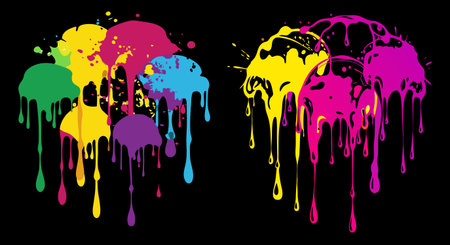 Colorful paint splashes set on black background. Vector illustration.のイラスト素材