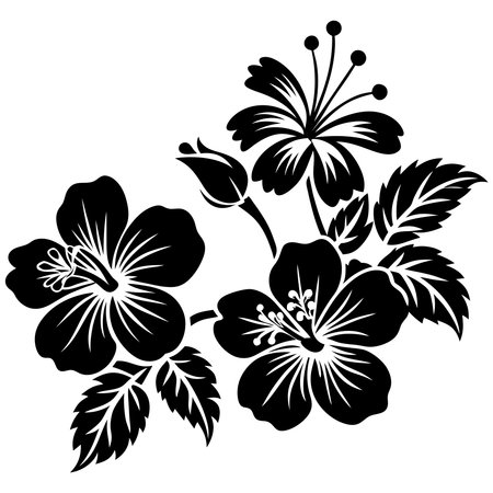 Black silhouettes of flowers and leaves isolated on a white background.のイラスト素材