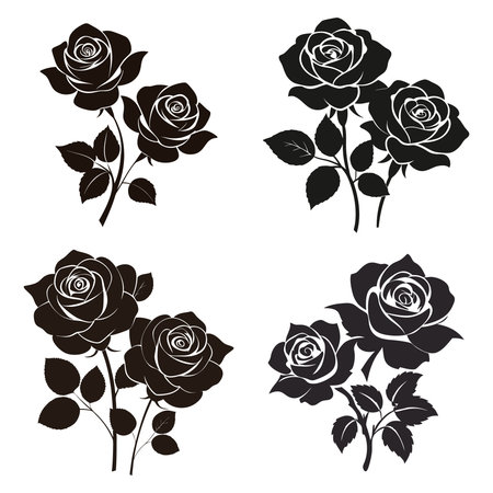 Set of black roses silhouettes on white background. Vector illustration.のイラスト素材