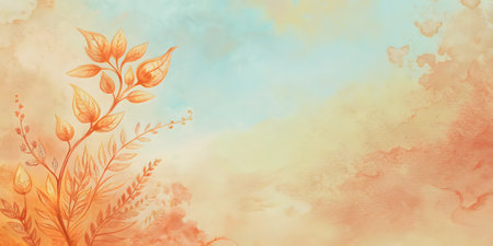 Watercolor floral background. Hand painted leaves and branches on sky background.の写真素材