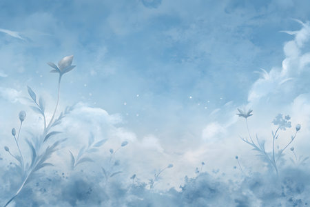 Watercolor floral background. Watercolor flowers on blue sky background.の写真素材