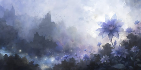 Watercolor painting of a foggy cityscape with blue flowers.の写真素材