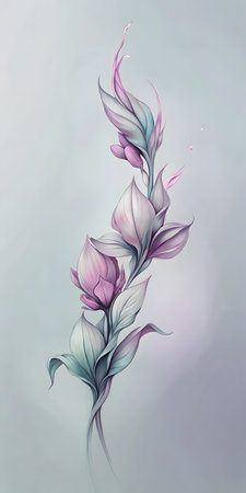 Watercolor illustration of purple and blue flowers on a gray background.の写真素材