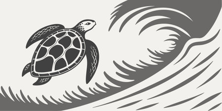 Turtle and sea wave. Vector illustration in black and white colors.のイラスト素材