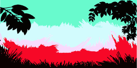Vector illustration of a summer landscape with trees and grass silhouettes.のイラスト素材