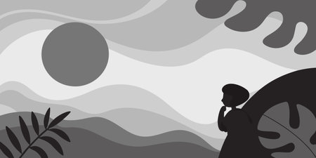 Illustration of a man praying in the sky with a big moonのイラスト素材