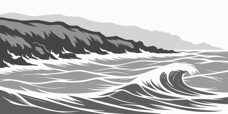 Black and white vector illustration of a wave breaking in the sea.のイラスト素材