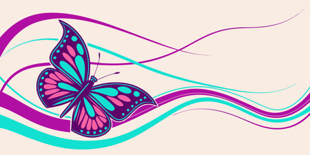 Illustration of a colorful butterfly on a wave background with copyspaceのイラスト素材