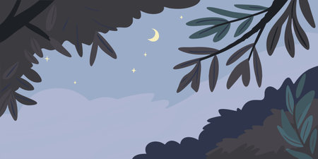Night sky with moon and trees. Vector illustration in flat style.のイラスト素材