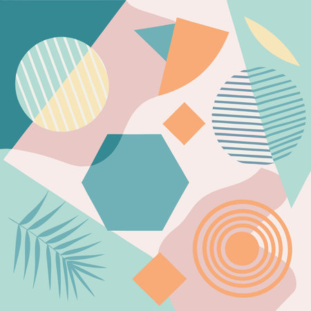 Abstract background with geometric shapes and palm leaves in pastel colors.のイラスト素材
